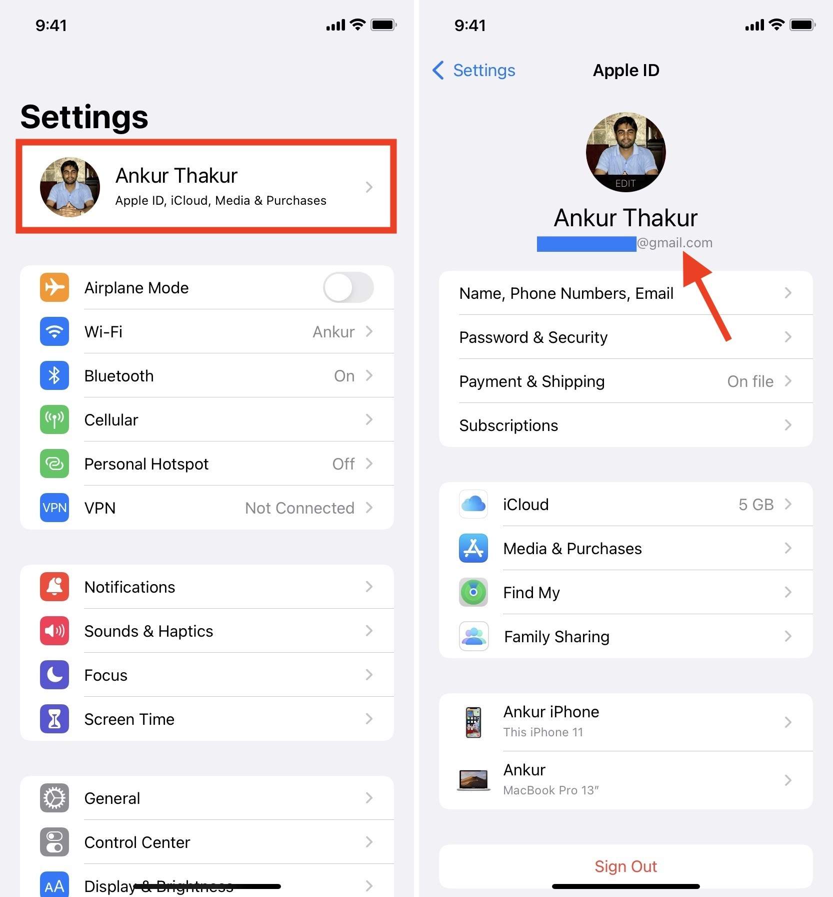 check apple id on settings