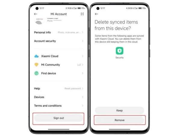 remove mi account in settings
