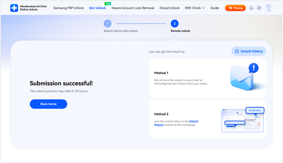 submit the unlock request successfully